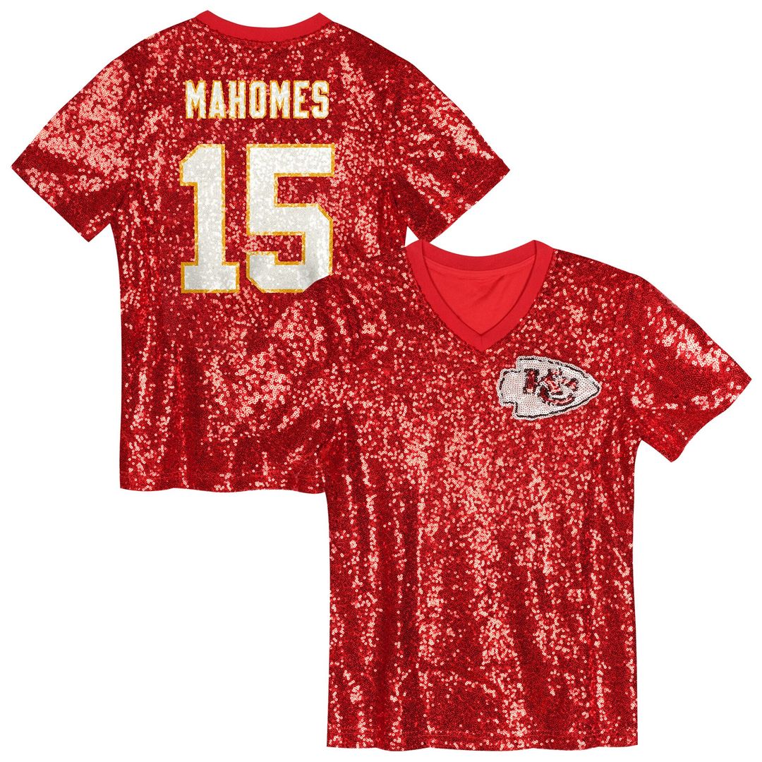 Patrick Mahomes Kansas City Chiefs Girls Youth Sequin V-Neck Fashion Official Jersey - Red