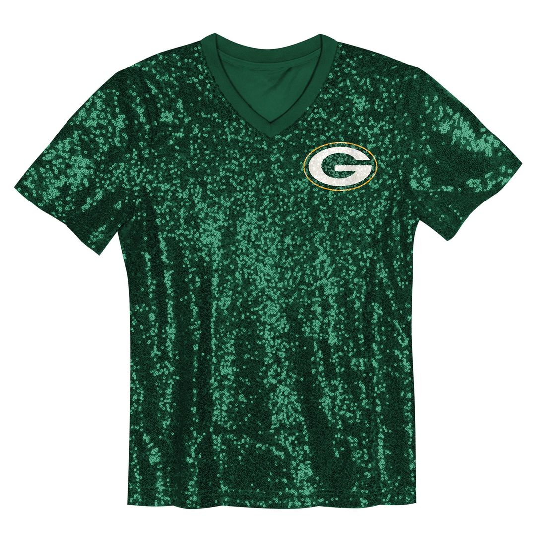 Jordan Love Green Bay Packers Girls Youth Sequin V-Neck Fashion Official Jersey - Green