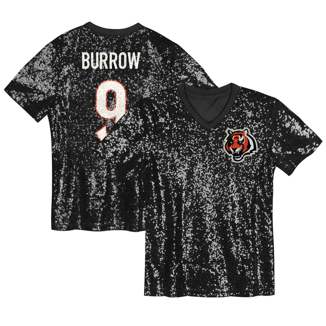 Joe Burrow Cincinnati Bengals Girls Youth Sequin V-Neck Fashion Official Jersey - Black