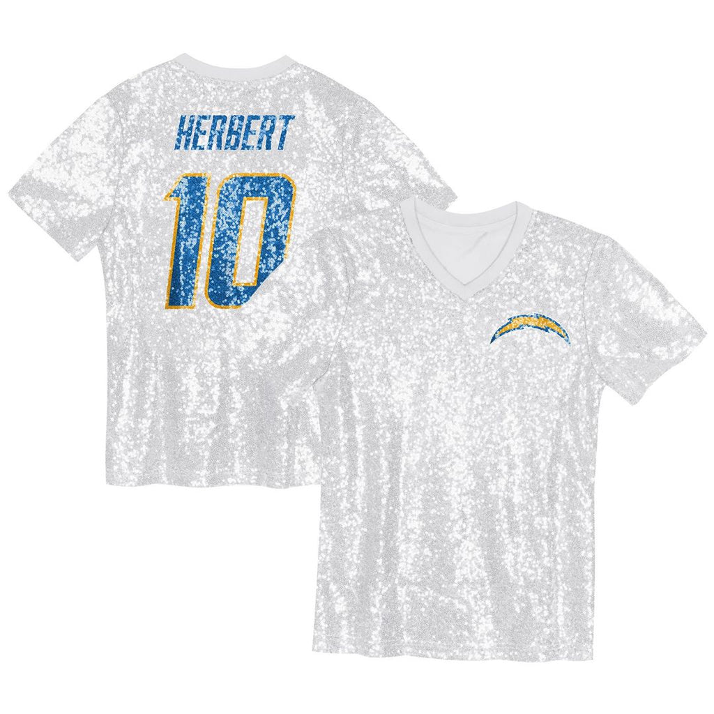 Justin Herbert Los Angeles Chargers Girls Youth Sequin V-Neck Fashion Official Jersey - Powder Blue