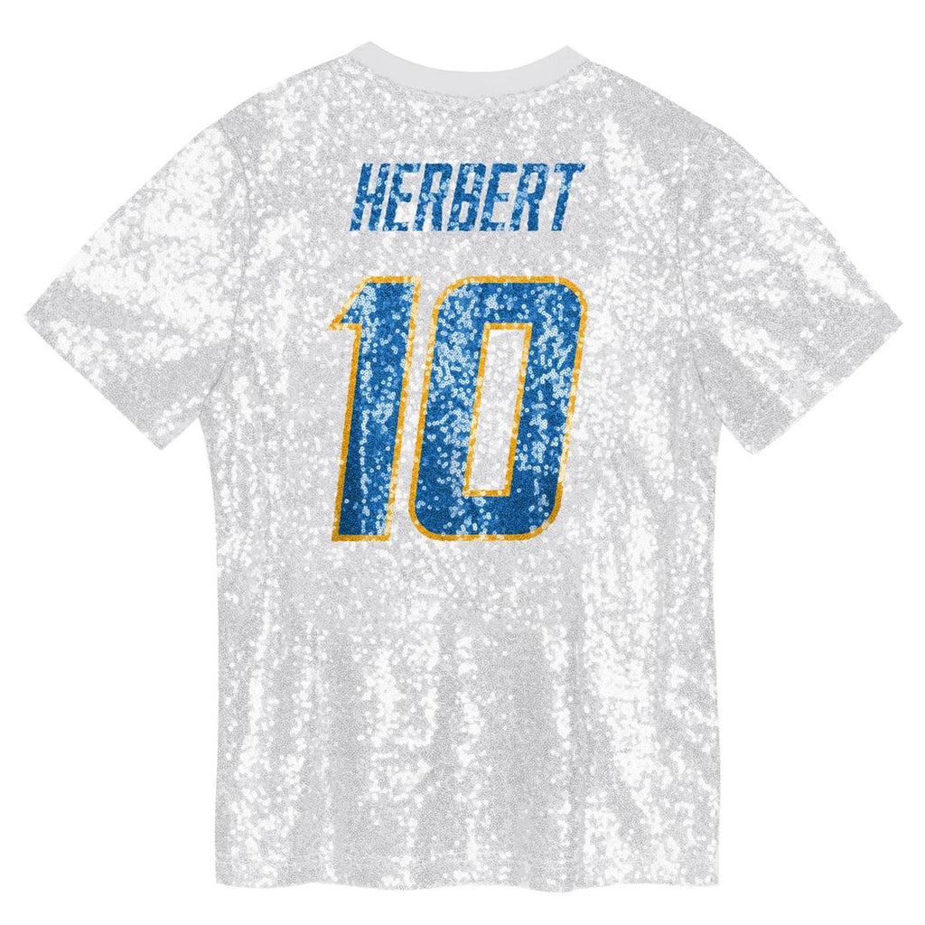 Justin Herbert Los Angeles Chargers Girls Youth Sequin V-Neck Fashion Official Jersey - Powder Blue