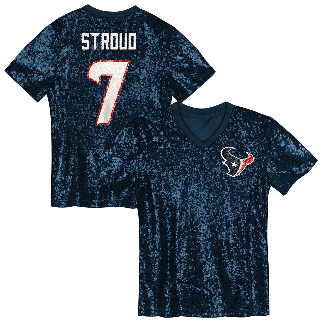 C.J. Stroud Houston Texans Girls Youth Sequin V-Neck Fashion Official Jersey - Navy
