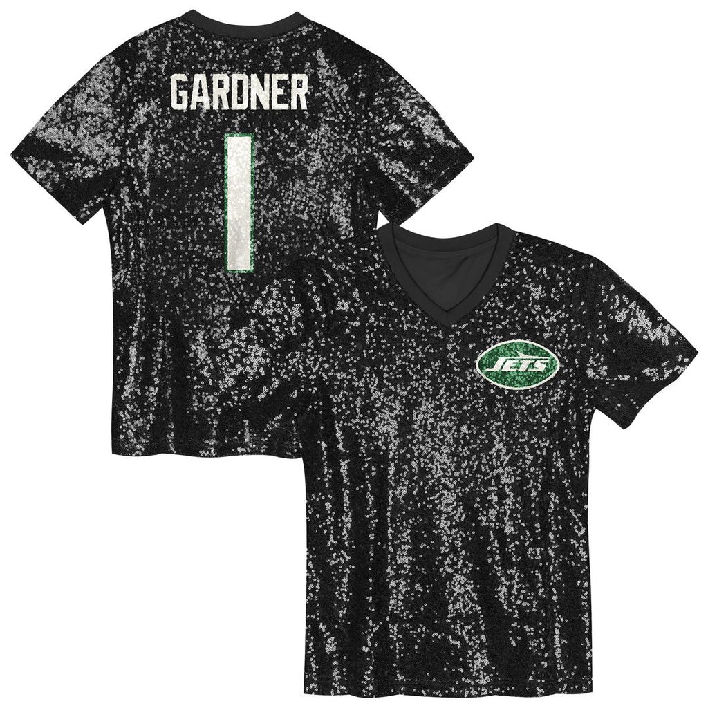 Sauce Gardner New York Jets Girls Youth Sequin V-Neck Fashion Official Jersey - Black