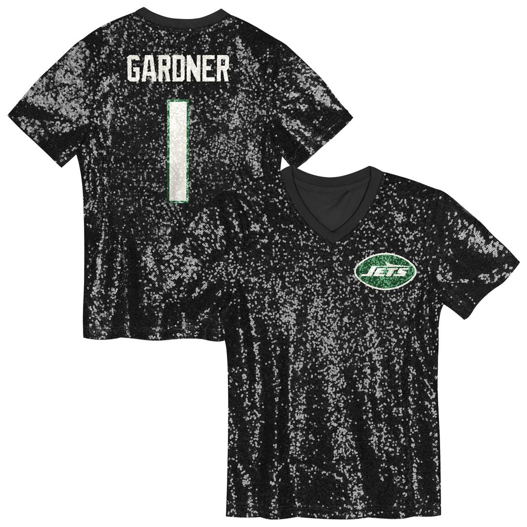 Sauce Gardner New York Jets Girls Youth Sequin V-Neck Fashion Official Jersey - Black