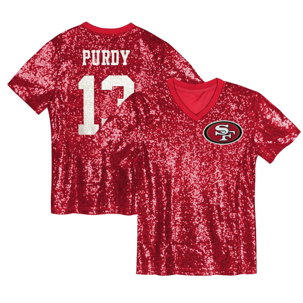 Brock Purdy San Francisco 49ers Girls Youth Sequin V-Neck Fashion Official Jersey - Scarlet