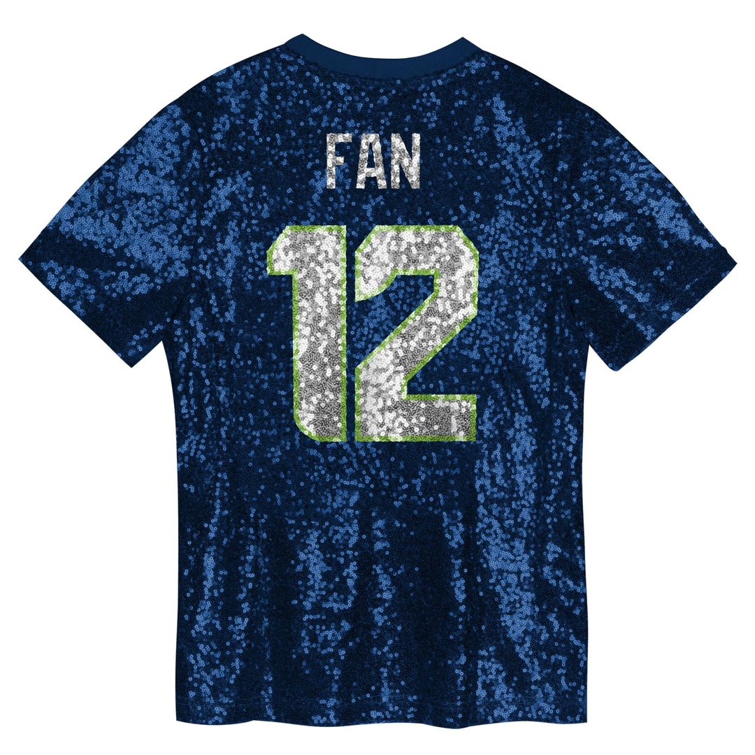 12 Fan Seattle Seahawks Girls Youth Sequin V-Neck Fashion Official Jersey - College Navy