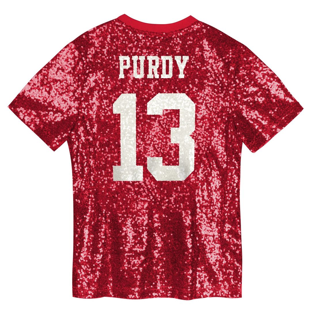 Brock Purdy San Francisco 49ers Girls Youth Sequin V-Neck Fashion Official Jersey - Scarlet