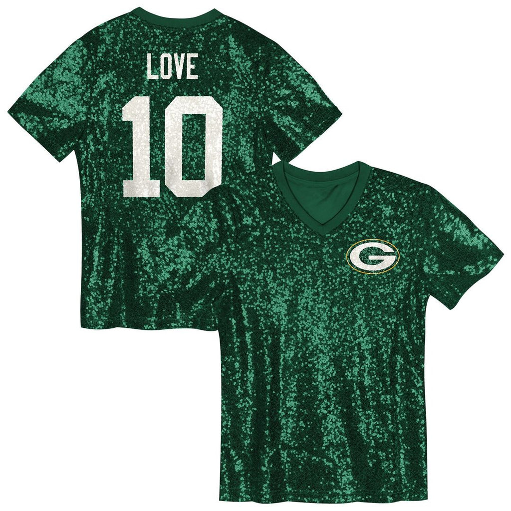 Jordan Love Green Bay Packers Girls Youth Sequin V-Neck Fashion Official Jersey - Green
