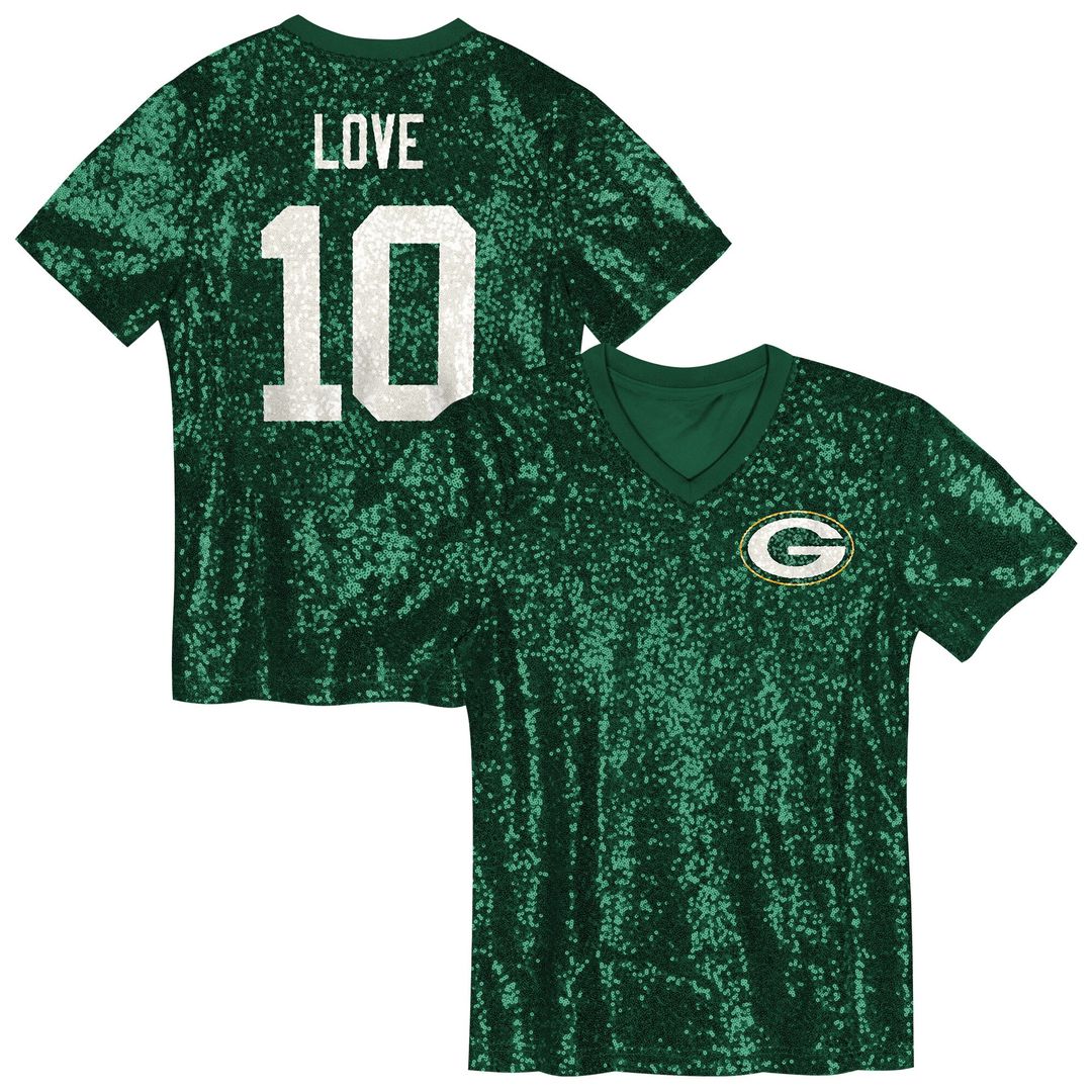 Jordan Love Green Bay Packers Girls Youth Sequin V-Neck Fashion Official Jersey - Green