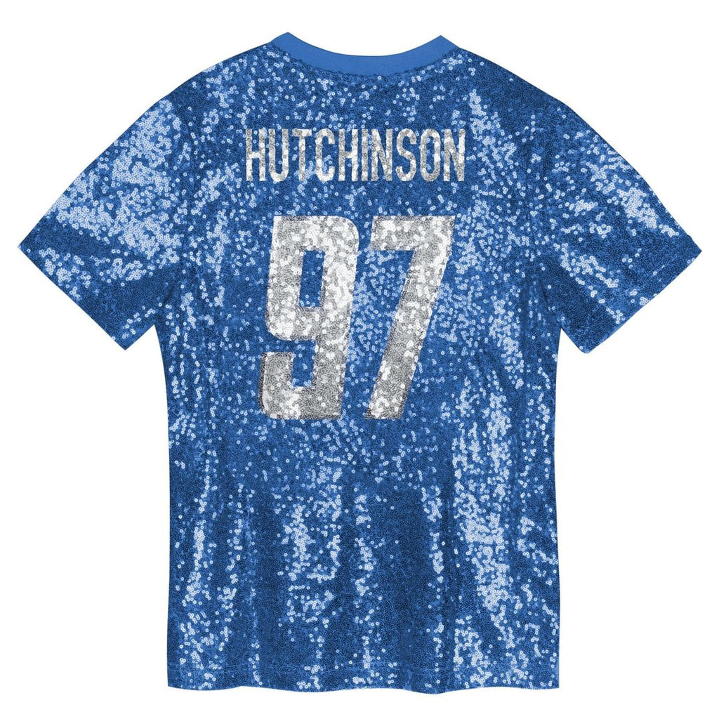 Aidan Hutchinson Detroit Lions Girls Youth Sequin V-Neck Fashion Official Jersey - Blue