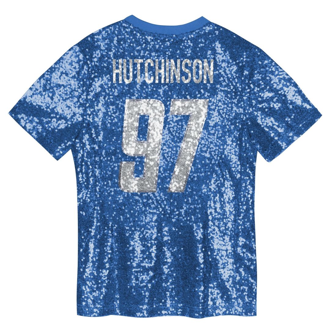 Aidan Hutchinson Detroit Lions Girls Youth Sequin V-Neck Fashion Official Jersey - Blue