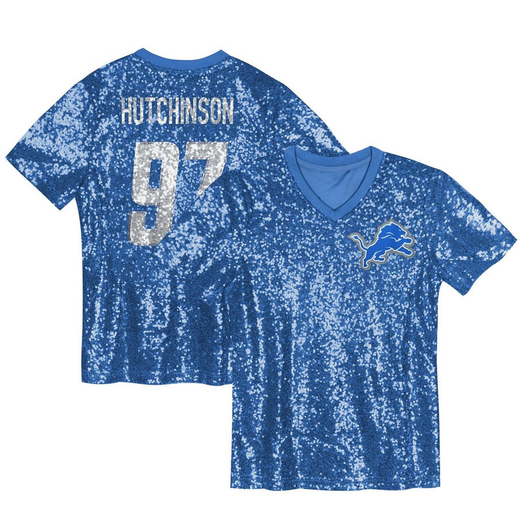 Aidan Hutchinson Detroit Lions Girls Youth Sequin V-Neck Fashion Official Jersey - Blue