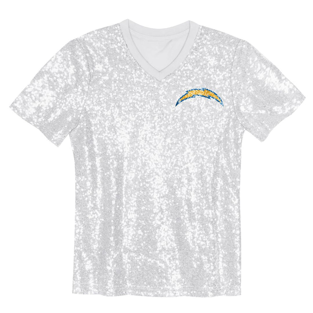 Justin Herbert Los Angeles Chargers Girls Youth Sequin V-Neck Fashion Official Jersey - Powder Blue
