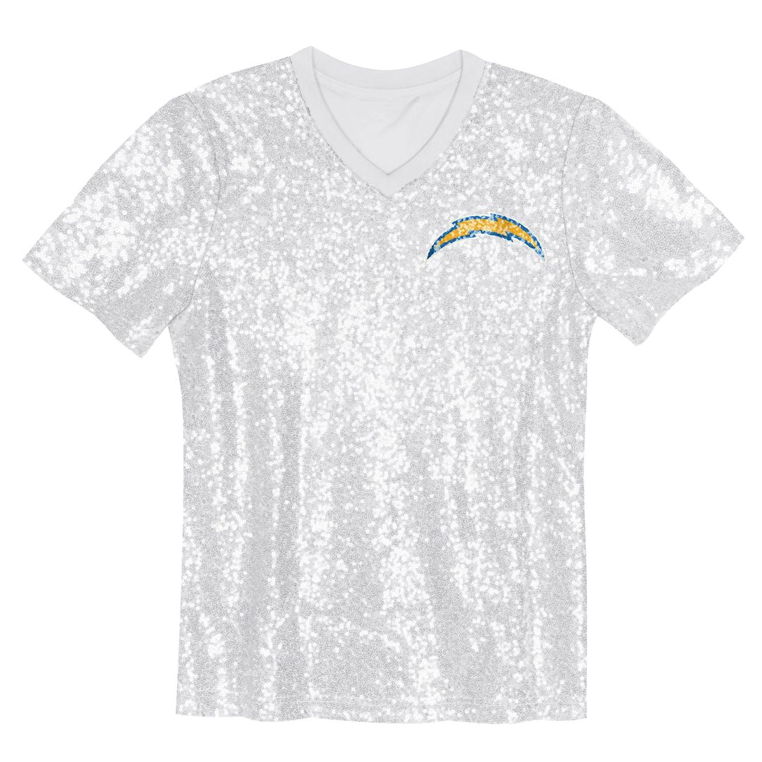 Justin Herbert Los Angeles Chargers Girls Youth Sequin V-Neck Fashion Official Jersey - Powder Blue